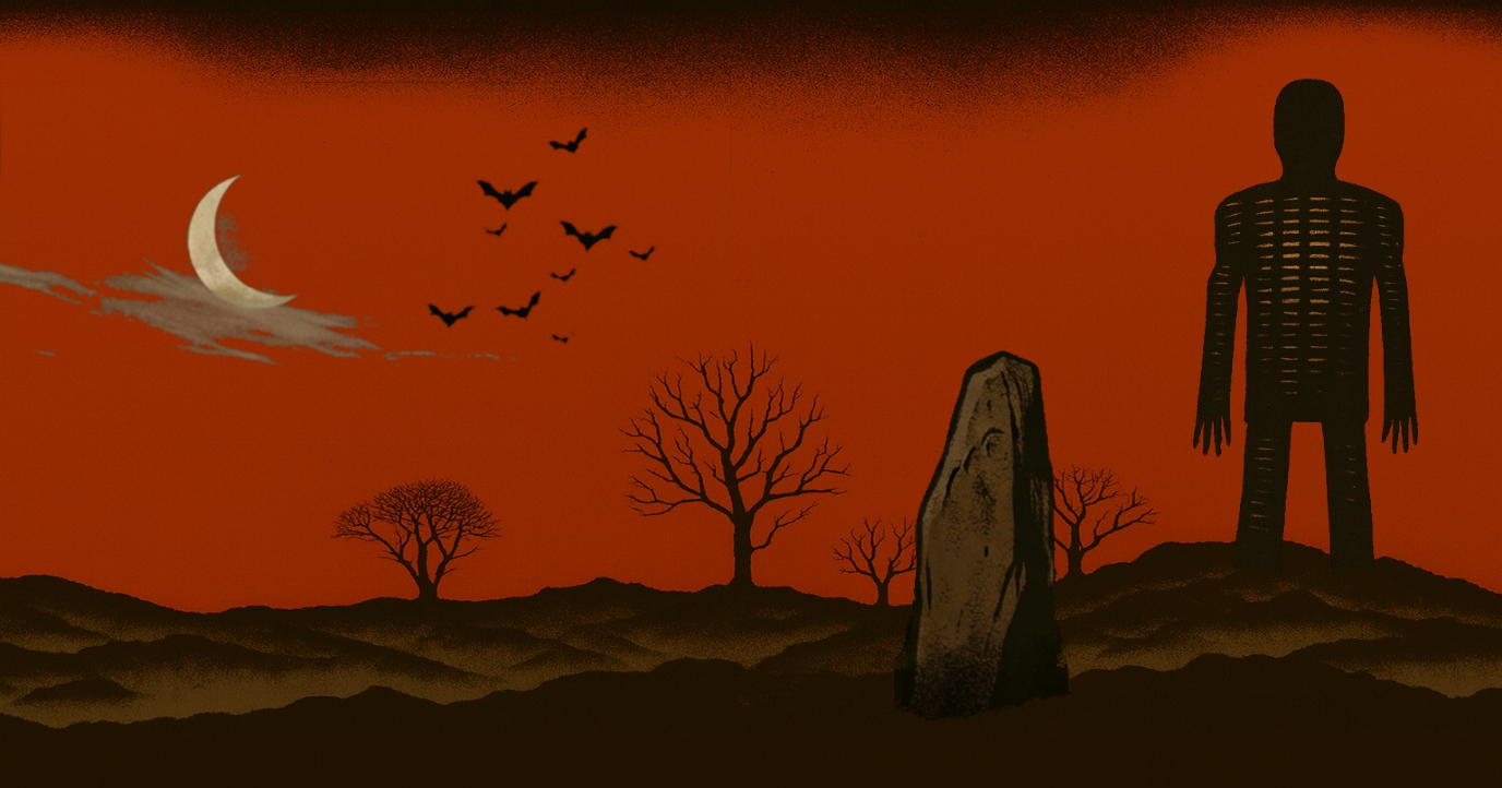 Folk horror landscape with wicker man and standing stone